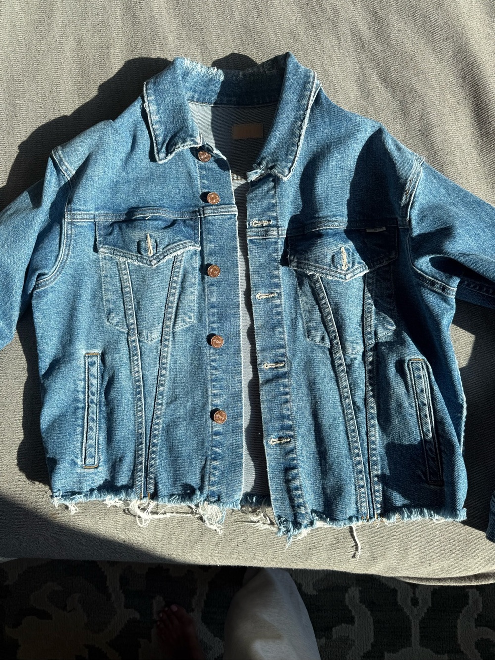 MOTHER Light Blue Distressed Frayed-Hem Denim Jacket - Picture 3 of 7